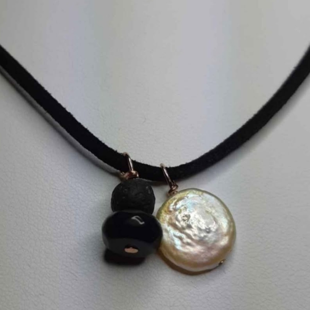 Genuine Coin Pearl, Onyx and Lava Stone Necklace